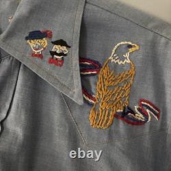 Vintage 70's Levi's Embroidered Chambray Shirt Orange Tab Western Pearl Snap L