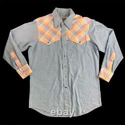 Vintage 70s 80s Lee Western Made in USA Chambray Pearl Snap VTG Shirt Size Large