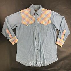 Vintage 70s 80s Lee Western Made in USA Chambray Pearl Snap VTG Shirt Size Large