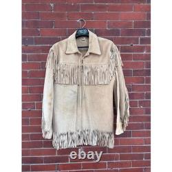 Vintage 70s Buckskin Suede Fringe Jacket Lace Up Western Boho Tan Size 46 XL USA