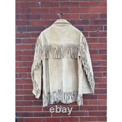 Vintage 70s Buckskin Suede Fringe Jacket Lace Up Western Boho Tan Size 46 XL USA
