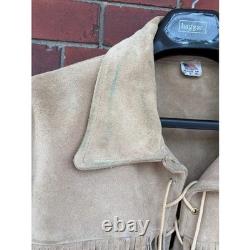 Vintage 70s Buckskin Suede Fringe Jacket Lace Up Western Boho Tan Size 46 XL USA