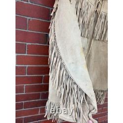 Vintage 70s Buckskin Suede Fringe Jacket Lace Up Western Boho Tan Size 46 XL USA