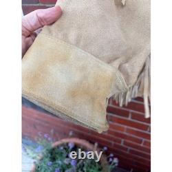 Vintage 70s Buckskin Suede Fringe Jacket Lace Up Western Boho Tan Size 46 XL USA