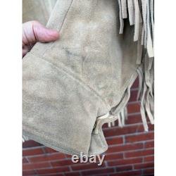 Vintage 70s Buckskin Suede Fringe Jacket Lace Up Western Boho Tan Size 46 XL USA