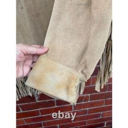 Vintage 70s Buckskin Suede Fringe Jacket Lace Up Western Boho Tan Size 46 XL USA