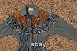 Vintage 70s FRINGE STUDDED DRESS Denim Jean Cowgirl Western Snap Front Sz L GC