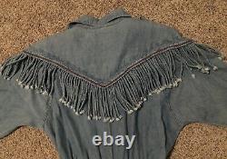 Vintage 70s FRINGE STUDDED DRESS Denim Jean Cowgirl Western Snap Front Sz L GC