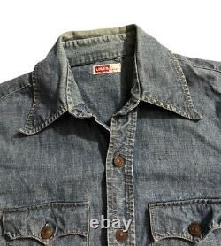 Vintage 70s Levis Orange Tab Denim Chore Work Shirt Mens L USA Made Metal Button