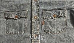 Vintage 70s Levis Orange Tab Denim Chore Work Shirt Mens L USA Made Metal Button