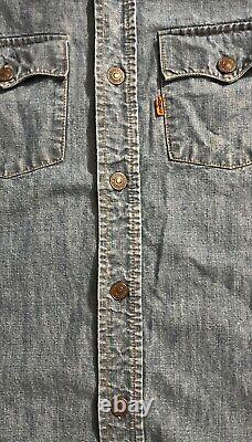 Vintage 70s Levis Orange Tab Denim Chore Work Shirt Mens L USA Made Metal Button