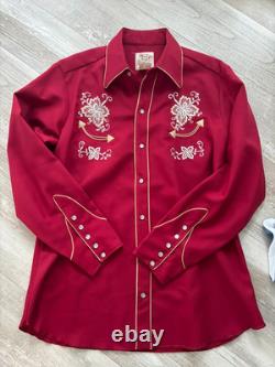 Vintage 70s Portland model HBarC Embroidered Western Shirt 16.5 Red NWOT