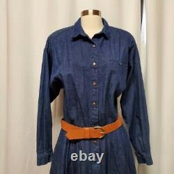 Vintage 70s Western Boho Blue Jean Denim Belted Snap Down Midi Dress Large