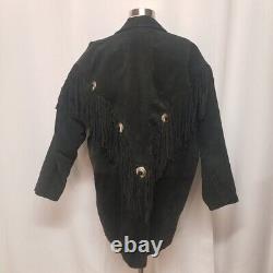 Vintage 70s Western Boho Punk Motorcycle Fringe Black Suede Leather Jacket LG
