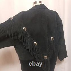 Vintage 70s Western Boho Punk Motorcycle Fringe Black Suede Leather Jacket LG