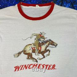 Vintage 70s Winchester Rifle logo ringer T-Shirt Gun NRA sz Large Single Stitch