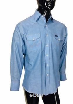 Vintage 70s Wrangler Western Rockabilly Men's Blue Pearl Snap Front Shirt Large