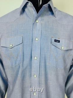 Vintage 70s Wrangler Western Rockabilly Men's Blue Pearl Snap Front Shirt Large