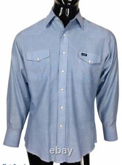Vintage 70s Wrangler Western Rockabilly Men's Blue Pearl Snap Front Shirt Large