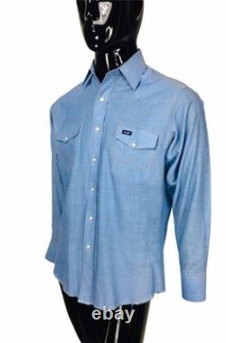 Vintage 70s Wrangler Western Rockabilly Men's Blue Pearl Snap Front Shirt Large