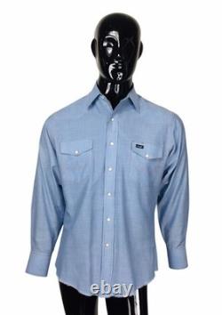 Vintage 70s Wrangler Western Rockabilly Men's Blue Pearl Snap Front Shirt Large