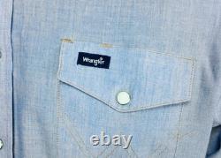 Vintage 70s Wrangler Western Rockabilly Men's Blue Pearl Snap Front Shirt Large