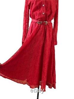 Vintage 80's Tillman Western Red Lace Dress size L Full Skirt Lydia Belt Fringe