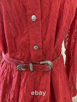 Vintage 80's Tillman Western Red Lace Dress size L Full Skirt Lydia Belt Fringe