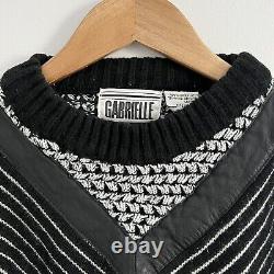 Vintage 80s Gabriella Boho Leather Sweater Abstract Acrylic Knit Size Large