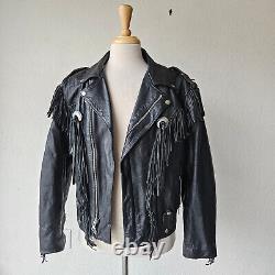 Vintage 80s Shelter Black Leather Finge Concho Motorcycle Western Jacket Mens L