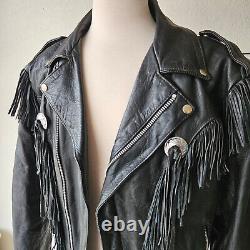 Vintage 80s Shelter Black Leather Finge Concho Motorcycle Western Jacket Mens L