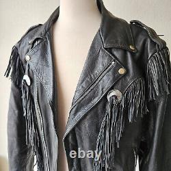 Vintage 80s Shelter Black Leather Finge Concho Motorcycle Western Jacket Mens L