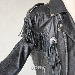 Vintage 80s Shelter Black Leather Finge Concho Motorcycle Western Jacket Mens L