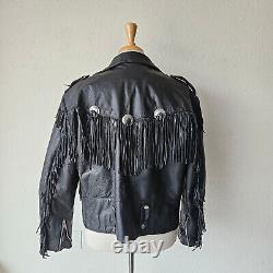 Vintage 80s Shelter Black Leather Finge Concho Motorcycle Western Jacket Mens L