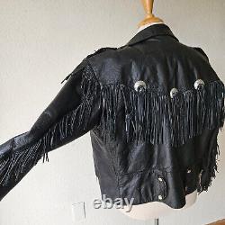 Vintage 80s Shelter Black Leather Finge Concho Motorcycle Western Jacket Mens L