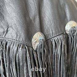 Vintage 80s Shelter Black Leather Finge Concho Motorcycle Western Jacket Mens L