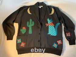 Vintage 80s Sweatshirt Cardigan Southwestern Coyote Moon Country Western Boho XL