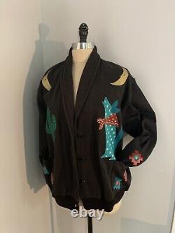 Vintage 80s Sweatshirt Cardigan Southwestern Coyote Moon Country Western Boho XL