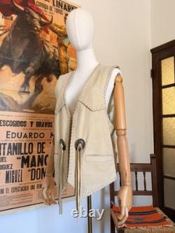 Vintage 80s Western Ivory Suede Leather Fringe Concho Silk Lined Vest Unisex L