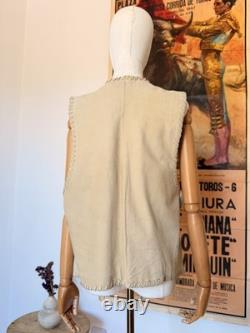 Vintage 80s Western Ivory Suede Leather Fringe Concho Silk Lined Vest Unisex L