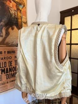 Vintage 80s Western Ivory Suede Leather Fringe Concho Silk Lined Vest Unisex L
