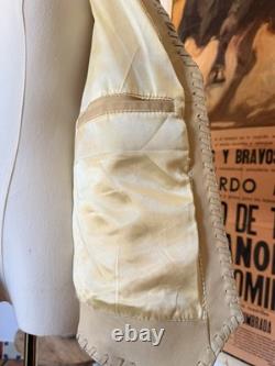 Vintage 80s Western Ivory Suede Leather Fringe Concho Silk Lined Vest Unisex L