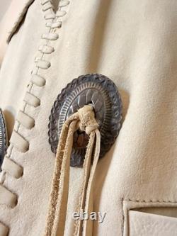 Vintage 80s Western Ivory Suede Leather Fringe Concho Silk Lined Vest Unisex L