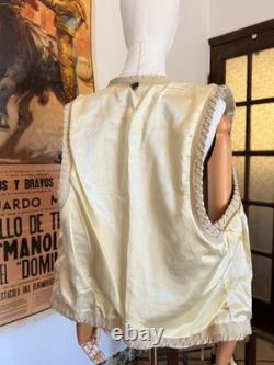 Vintage 80s Western Ivory Suede Leather Fringe Concho Silk Lined Vest Unisex L