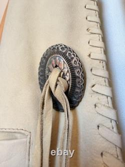 Vintage 80s Western Ivory Suede Leather Fringe Concho Silk Lined Vest Unisex L