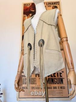 Vintage 80s Western Ivory Suede Leather Fringe Concho Silk Lined Vest Unisex L