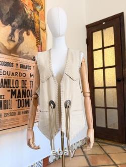 Vintage 80s Western Ivory Suede Leather Fringe Concho Silk Lined Vest Unisex L