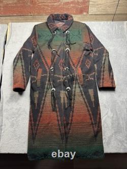 Vintage 80s Woolrich Aztec Navajo Duster Coat Size Large Wool Tassles