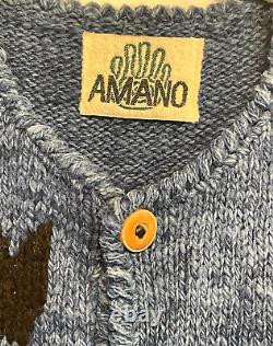 Vintage 90s AMANO Chunky Hand Knit Wool Cat Cardigan Sweater with Pockets Sz L