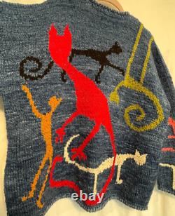 Vintage 90s AMANO Chunky Hand Knit Wool Cat Cardigan Sweater with Pockets Sz L
